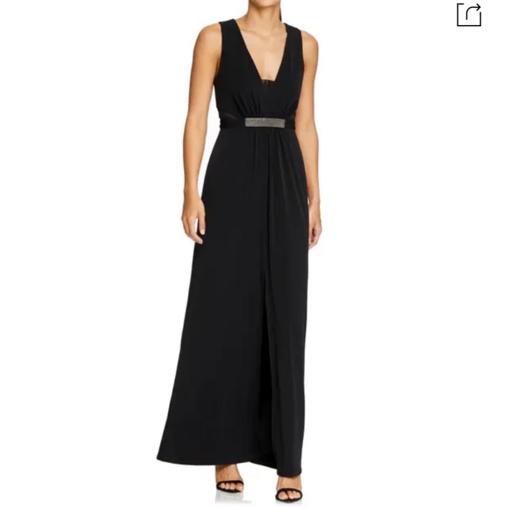 NWT Halston Heritage Jewel Waist Crepe Black Evening Gown SZ 4